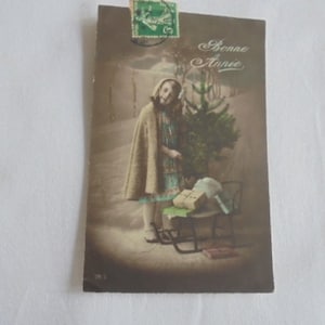 Französisch antike Postkarte/romantische Postkarte/glücklich es neuJahr dkerst Baum auf Schlitten/Postkarte 1913