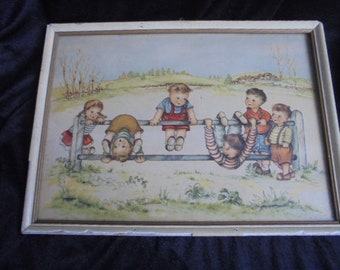 vintage children's painting of children at play/signed