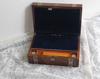 Victorian writing desk/vintage writing desk complete with inkwells and old dip pen/antique writing box.