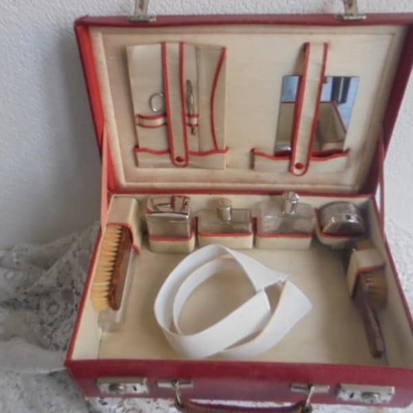 vintage art deco French travel suitcase manicure set-manicure case/1920/perfume bottles/mirror/powder box