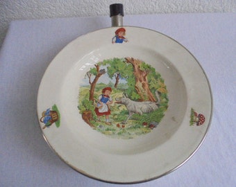 French vintage porcelain children warm holder plate/warming dishRed Riding Hood and the  Wolf /porcelain plate with chrome-plated hot holder