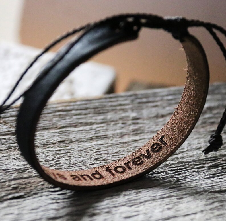 Secret message Bracelets, Mens inside Leather Bracelets, Black Leather engraved, Gift for Men, Gift For Him, Personalized Leather Bracelet image 1