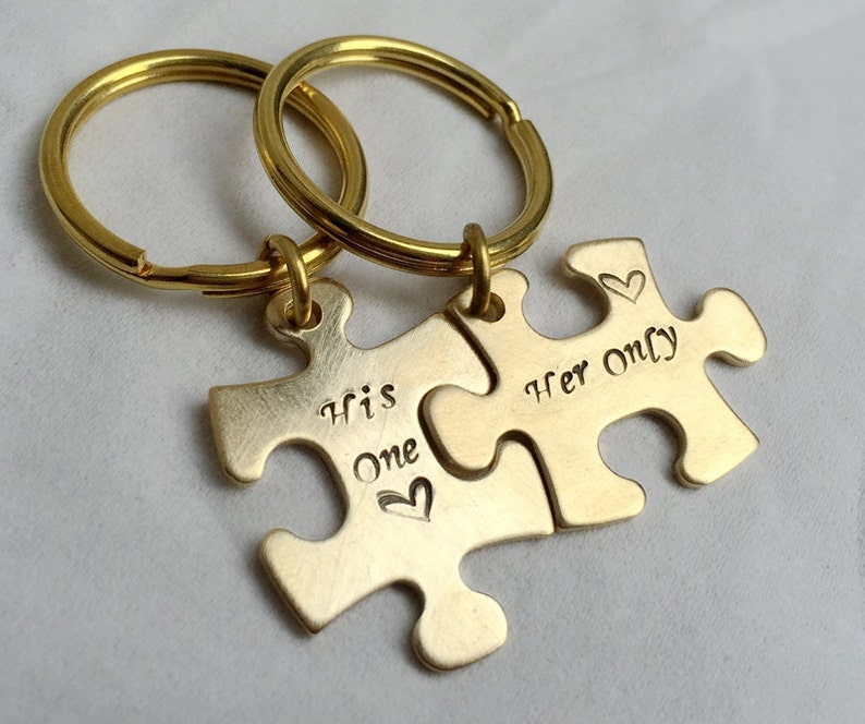 Personalized Keychain Custom Puzzle Keychain His One Her Etsy