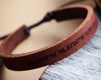 Mens Coordinates Bracelets, leather Coordinate Bracelet, Fathers day Gifts, adjustable coordinate gift, latitude longitude gift, Mens Gifts