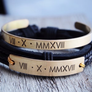 Engraved Couples bracelet, Matching couple bracelets, Anniversary date bracelets Roman numeral anniversary gift Personalized mens bracelet image 4