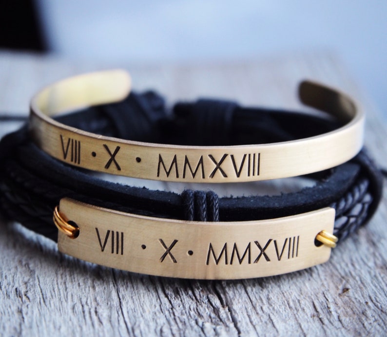 Engraved Couples bracelet, Matching couple bracelets, Anniversary date bracelets Roman numeral anniversary gift Personalized mens bracelet image 4