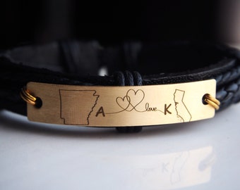 Long distance Relationship Bracelet, Map state Bracelet for boyfriend Gift, Couple initials, His hers, Best friend, long distance Gift