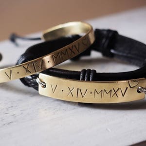 Engraved Couples bracelet, Matching couple bracelets, Anniversary date bracelets Roman numeral anniversary gift Personalized mens bracelet image 1