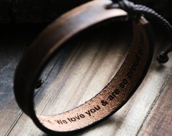 Secret message Bracelets, Mens Leather Bracelets, Tan Leather engraved, Gift for Boyfriend, Gift For Him, Personalized Leather Bracelet