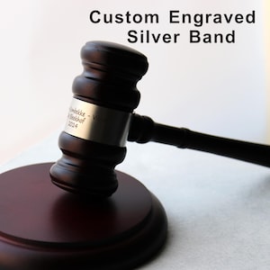 Personalized Lawyer Gavel and Sound Block with Engraved Gold Silver Band, Engraved Wood Gavel Set, Debate Gifts, Judge&#39;s Graduation Gift