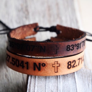 Adjustable/ Coordinates Bracelets, Mens Coordinates Bracelets, Men Gift for Boyfriend, Cross, Gift For Him, Personalized Leather Bracelet