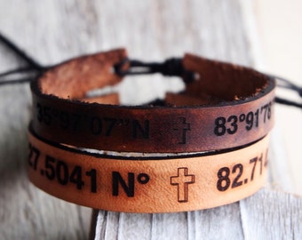 Adjustable/ Coordinates Bracelets, Mens Coordinates Bracelets, Men Gift for Boyfriend, Cross, Gift For Him, Personalized Leather Bracelet