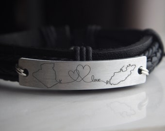 Map state Bracele, boyfriend Gift, Long distance Relationship Bracelet, Couple initials, His hers, Best friend, long distance Gift for him