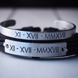 Engraved Couples bracelet, Matching couple bracelets, Anniversary date bracelets Roman numeral anniversary gift Personalized mens bracelet image 5