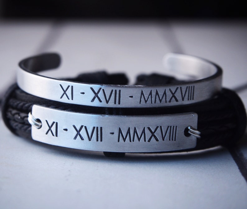 Engraved Couples bracelet, Matching couple bracelets, Anniversary date bracelets Roman numeral anniversary gift Personalized mens bracelet image 5