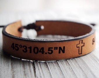 Cross/ Leather Coordinates Bracelets, Mens Coordinate Bracelet, Fathers day Gifts, adjustable coordinate gift, latitude longitude Mens Gifts