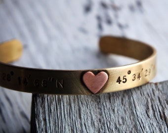 Metalwork/ Gold Coordinate Bracelet, Coordinate Gift, Coordinate jewelry, heart, Love, Custom bracelet for her, wife, mom gf gifts