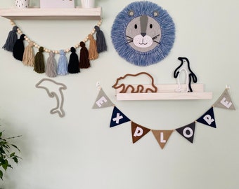 Denim/Silver Nordic Nursery-Boho Safari Boys Bedroom Wall Art-Explore Felt Bunting-Blue/Grey Tassel Garland-Knit wire Animals-Wire Bear