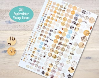 250 round Paper Stickers 4 sizes Vintage Papers Scrapbooking Journaling Cardmaking