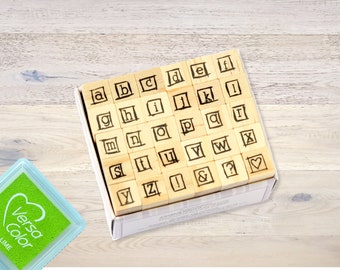 Mini Rubber Stamp Set "Alphabet" with Wooden Pegs Letterpress