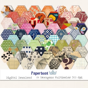 64 Hexagons Multicolor 4 X 4,7 cm Digital Download 300 dpi Junk Journal Ephemera Printables Bullet Journal Notebook Clip Art image 1
