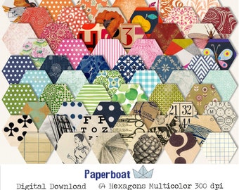 64 Hexagons Multicolor 4 X 4,7 cm Digital Download 300 dpi Junk Journal Ephemera Printables Bullet Journal Notebook Clip Art