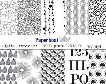 10 Bogen Creativ Papier Set Doodle Schwarz Weiss  Digital Paper Set 12 X 12 inches 300 dpi Digital Download