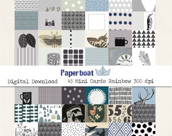 45 Mini Cards 5 X 5 cm Grey Blues Digital Download 300 dpi Junk Journal Ephemera Printables Bullet Journal Notebook Tags Labels