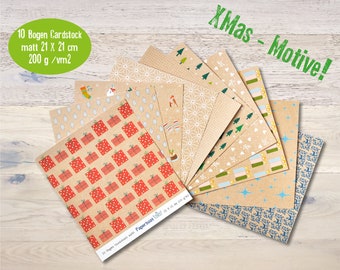 10 Bogen Cardstock Papier 200 g/m2 Weihnachten XMas gemustert Scrapbooking