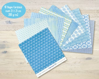 10 Bogen Cardstock Papier 200 g/m2 Blautöne gemustert Scrapbooking