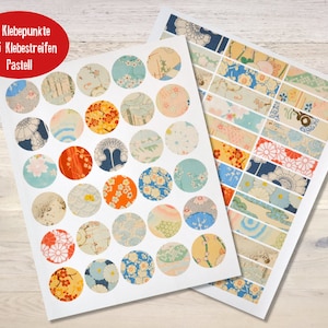30 Klebepunkte 3 cm + 36 Klebestreifen 1,5cm X 5,7 cm Pastell Retro Washi-Style  Sticker Junk Journal Ephemera Sticker Bullet Journal