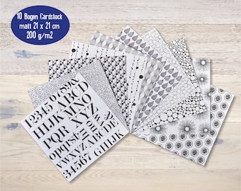 10 Bogen Cardstock Papier 200 g/m2 Schwarz Weiß Doodle Zentangle gemustert Scrapbooking