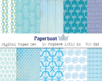 10 feuilles de papier créatif ensemble de papier numérique tons bleus 12 x 12 pouces 300 dpi téléchargement numérique