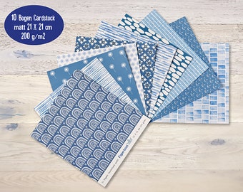 10 feuilles papier cardstock 200 g/m2 bleus à motifs scrapbooking