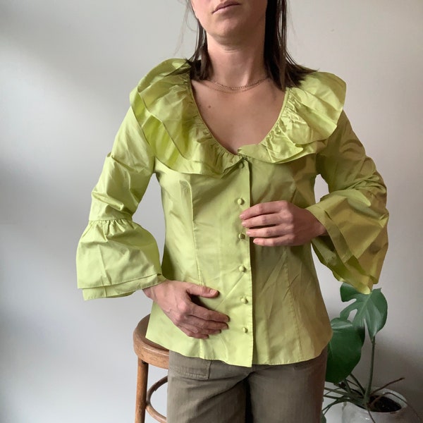 Chartreuse silk shirt chartreuse silk ruffle shirt green silk shirt statement collar blouse statement sleeve silk shirt statement blouse