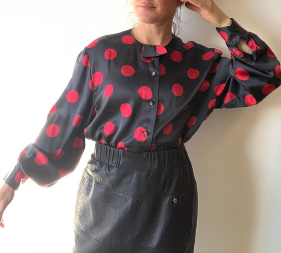 Polkadot silk blouse Vintage silk shirt boxy silk… - image 1