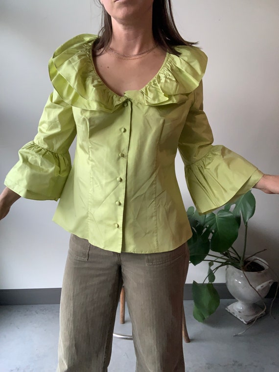 Chartreuse silk shirt chartreuse silk ruffle shir… - image 4