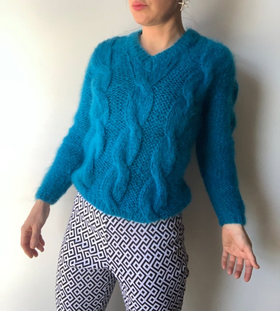 Mohair cable knit sweater blue mohair sweater Ital