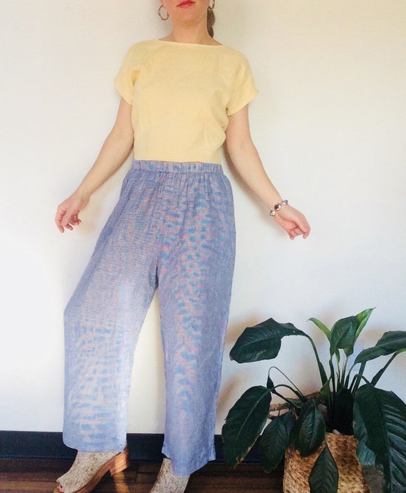 Vintage linen pants blue linen pants plaid linen p