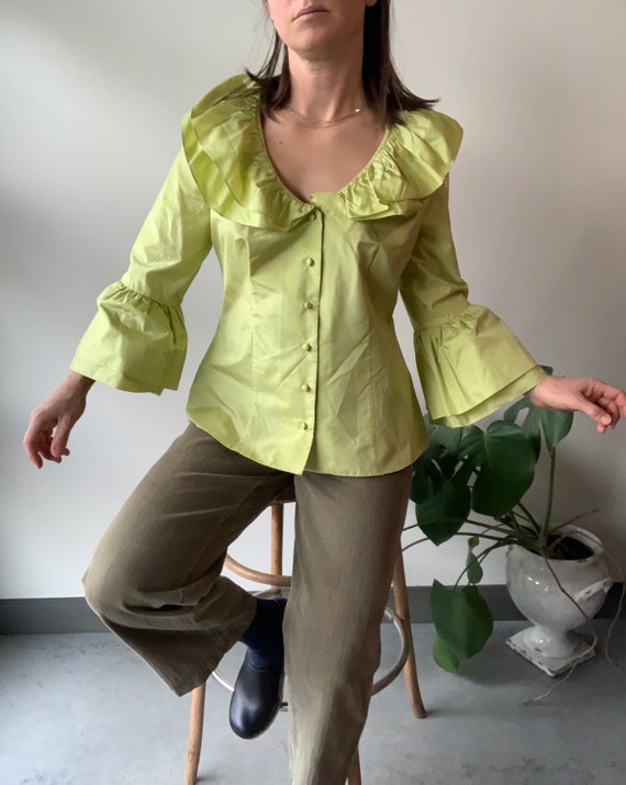 Chartreuse silk shirt chartreuse silk ruffle shir… - image 6