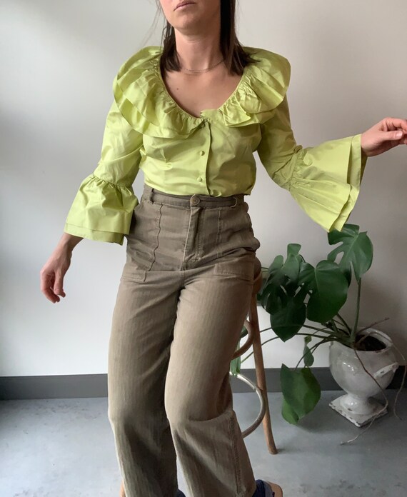 Chartreuse silk shirt chartreuse silk ruffle shir… - image 3