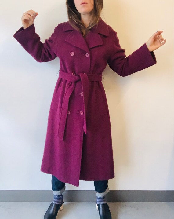 Plum boucle coat purple Wool coat belted wool coat