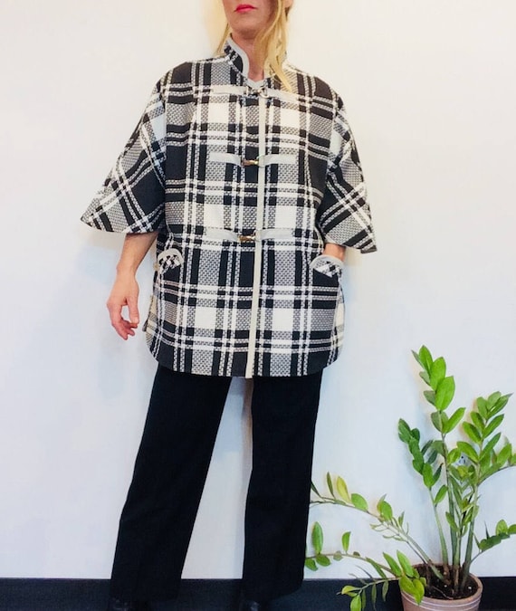 60s cape vintage cape Plaid cape black and white … - image 1