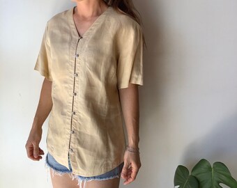 Vintage linen shirt vintage tan linen shirt boxy top boxy linen top flax shirt meduim Flax shirt size butterscotch button up large linen