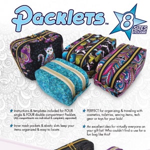 May include: A selection of eight Packlets, zippered bags in different sizes and patterns. The bags feature designs with cats, paisley, and floral prints. The image includes the text "Packlets" and "Studio Kat designs #4400".
