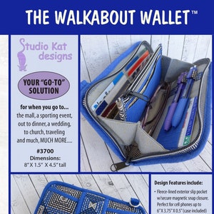 May include: A blue and white patterned wallet with a detachable strap. The wallet has a zip-around closure and multiple compartments. Dimensions are approximately 20cm x 4cm x 11cm. The text "THE WALKABOUT WALLET" is at the top.