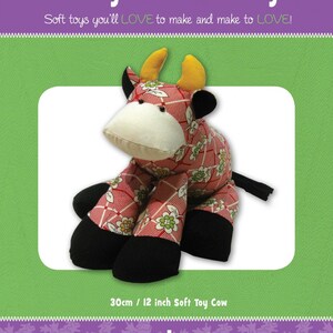May include: A soft toy cow named Patty, approximately 12 inches tall, with a red and white floral pattern. It has black hooves, a white face, yellow horns, and a black tail. The image includes the text "funky friends factory".