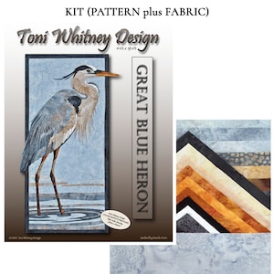 May include: A quilting kit featuring a pattern and fabric for a Great Blue Heron quilt. The kit includes a pattern with a detailed illustration of a blue heron standing in water, and a selection of fabrics in shades of blue, brown, and beige.