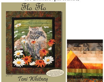 FLO FLO cat in flowers applique quilt kit PREORDER, Toni Whitney pattern, fusible applique quilt kit with batik fabric, cat fusible applique
