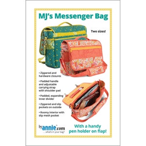 May include: Image of MJ's Messenger Bag in two sizes. The bags are in shades of teal and orange with floral patterns. Features include zippered closures, padded handles, adjustable straps, and multiple pockets. The open bag shows a pen holder.